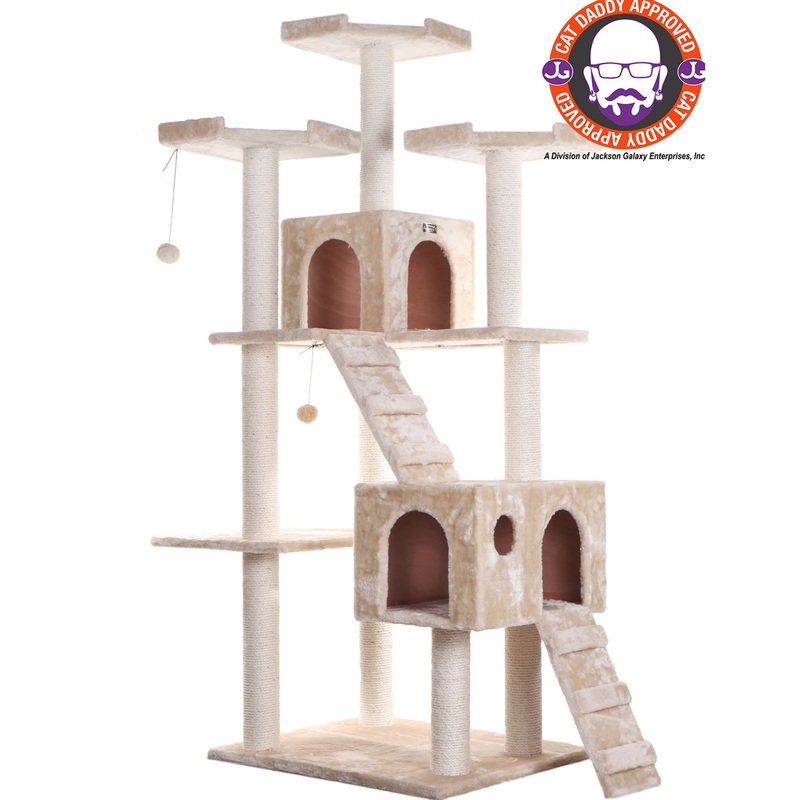 Armarkat 74-in Faux Fur Two Condo & Running Ramps Real Wood Cat Tree, Beige