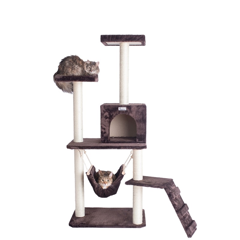 GleePet 57-in Faux Fur Condo & Real Wood Cat Tree, Coffee Brown
