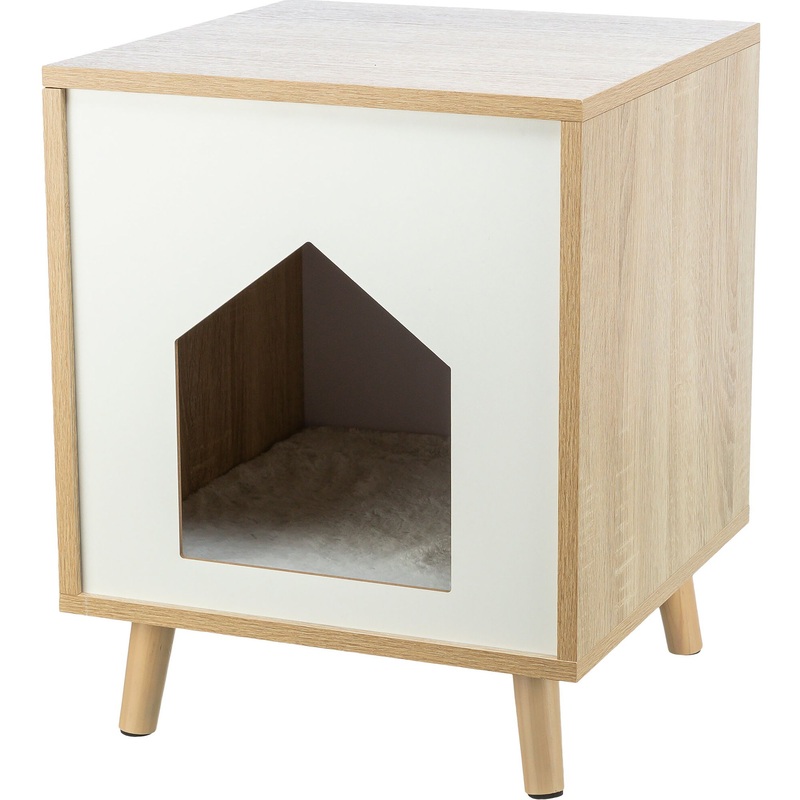 TRIXIE Isa Indoor Wooden Cat Condo, Modern Cat Bed Side Table with Cozy Cushion, Brown/White