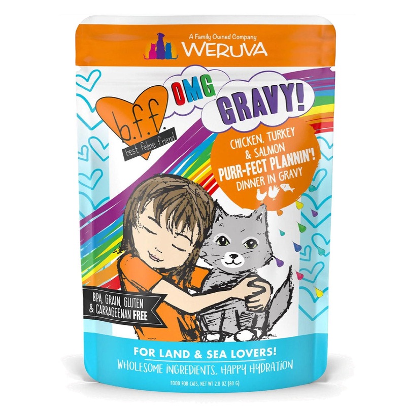 Weruva BFF OMG Purr-Fect Plannin’ Chicken, Turkey & Salmon in Gravy Pouch 2.8oz