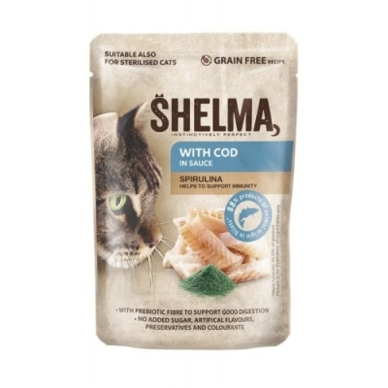 SHELMA POUCH CAT  with cod fish, spirulina