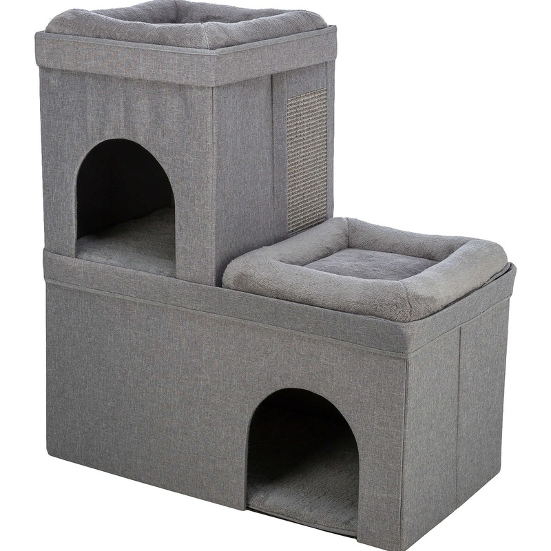 TRIXIE Crazy Cube Stackable 2-Story Indoor Cat Condo, Cat House with Scratching Pad, Gray