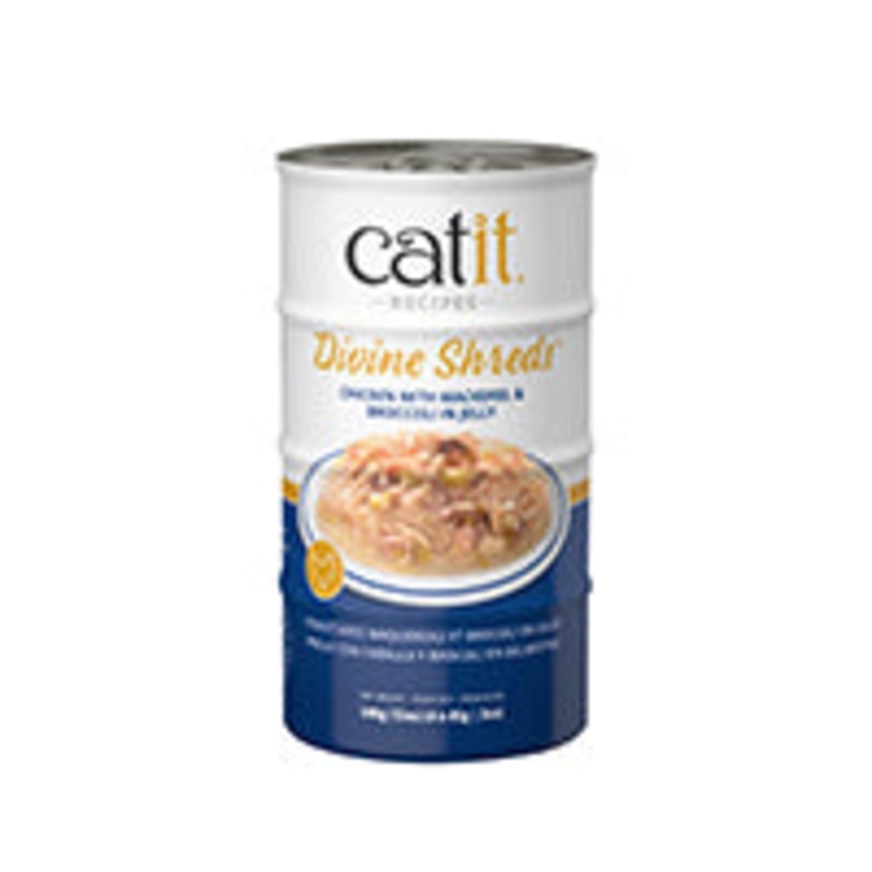 Catit Divine Shreds – Chicken with Mackerel & Broccoli in Jelly – 4 x 85 g Cans