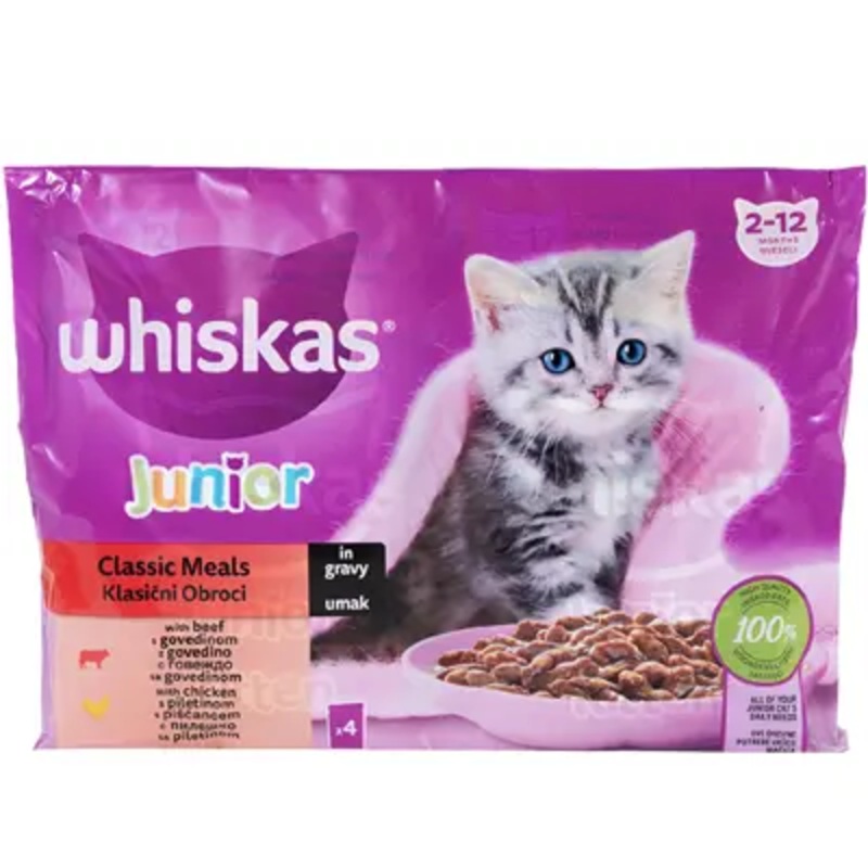 WHISKAS JUNIOR selection meat in gravy, pouches 4x85g