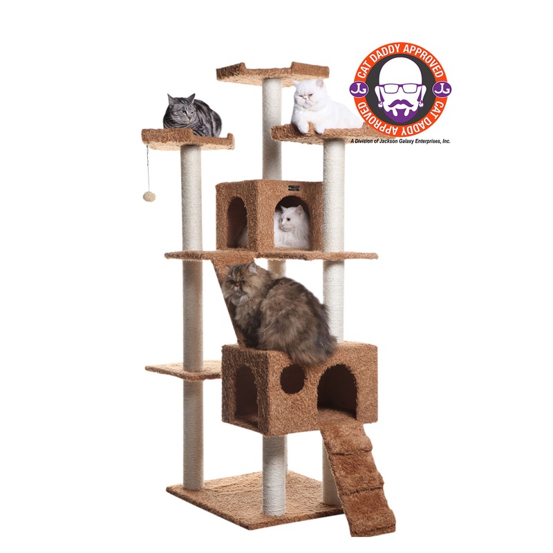 Armarkat 74-in Faux Fur Two Playhouses & Running Ramps Real Wood Cat Tree, Ochre Brown