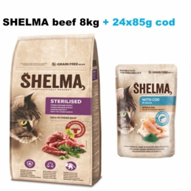 SHELMA Sterilised BEEF, 8kg + 24x85g SHELMA CAT pouch COD