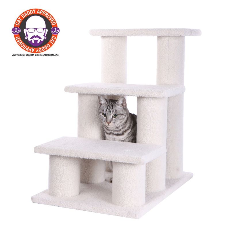 Armarkat 3 Steps Real Wood Faux Fleece Cat Stairs Ladder Doggie Ramp For Indoor Pets, Ivory